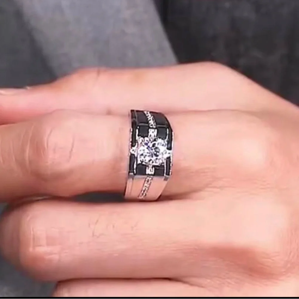 Men's Sterling Silver and CZ Accent Band Ring